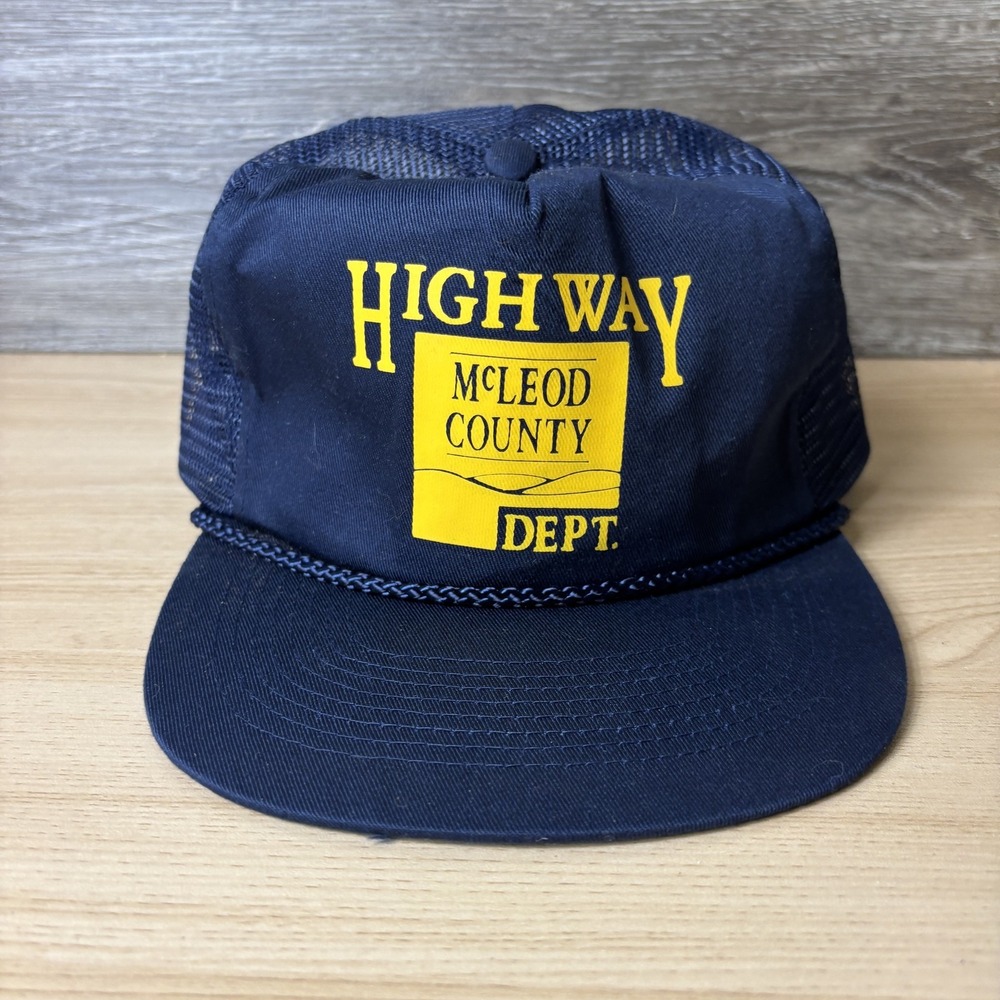 VINTAGE McLeod County Highway Dept Hat Cap Snap Back Blue Mesh Trucker Mens 80s